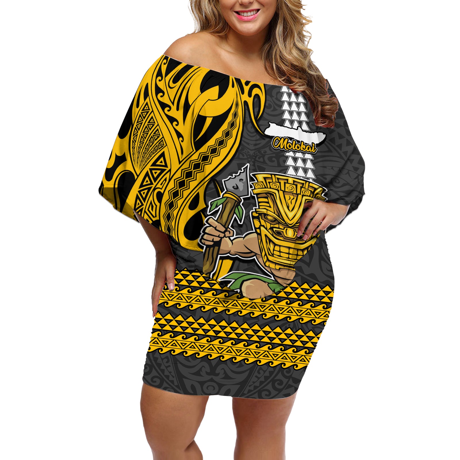 Hawaii Molokai Island Off Shoulder Short Dress Hawaiian Warrior and Kakau Symbols Abstract Tattoo LT03 Women Yellow - Polynesian Pride