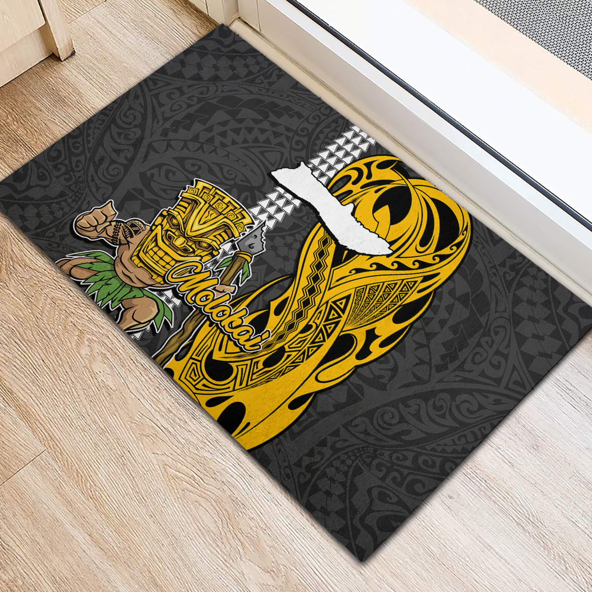 Hawaii Molokai Island Rubber Doormat Hawaiian Warrior and Kakau Symbols Abstract Tattoo LT03 - Polynesian Pride
