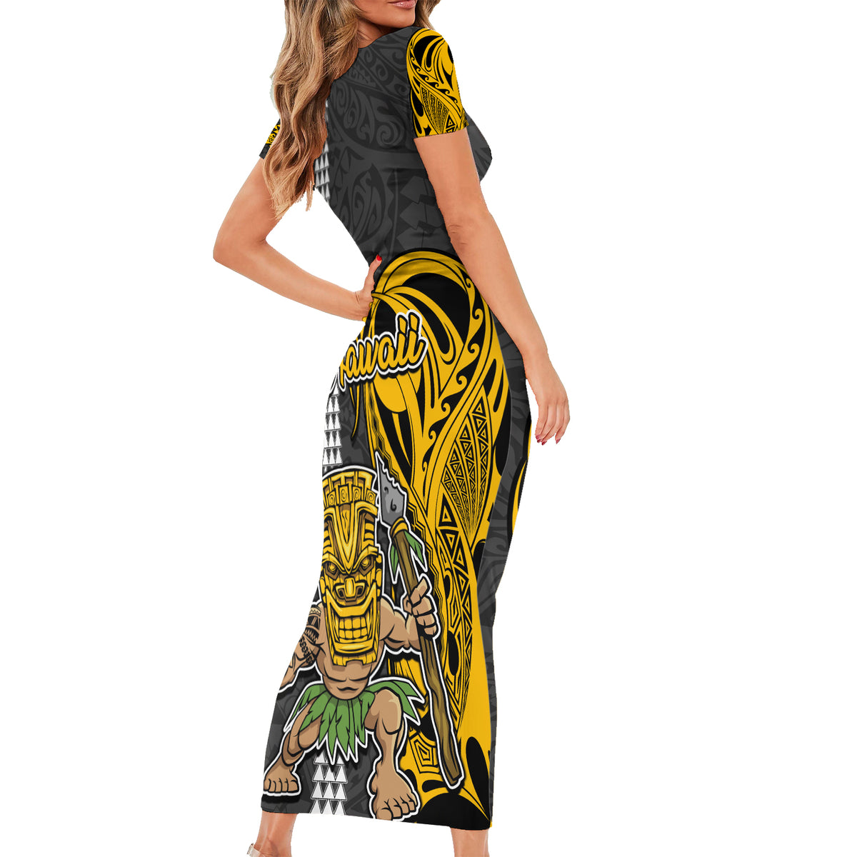 Hawaii Molokai Island Short Sleeve Bodycon Dress Hawaiian Warrior and Kakau Symbols Abstract Tattoo LT03 - Polynesian Pride