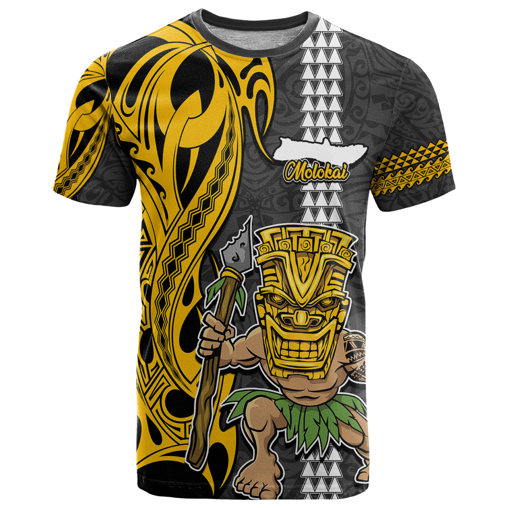 Hawaii Molokai Island T Shirt Hawaiian Warrior and Kakau Symbols Abstract Tattoo LT03 Yellow - Polynesian Pride