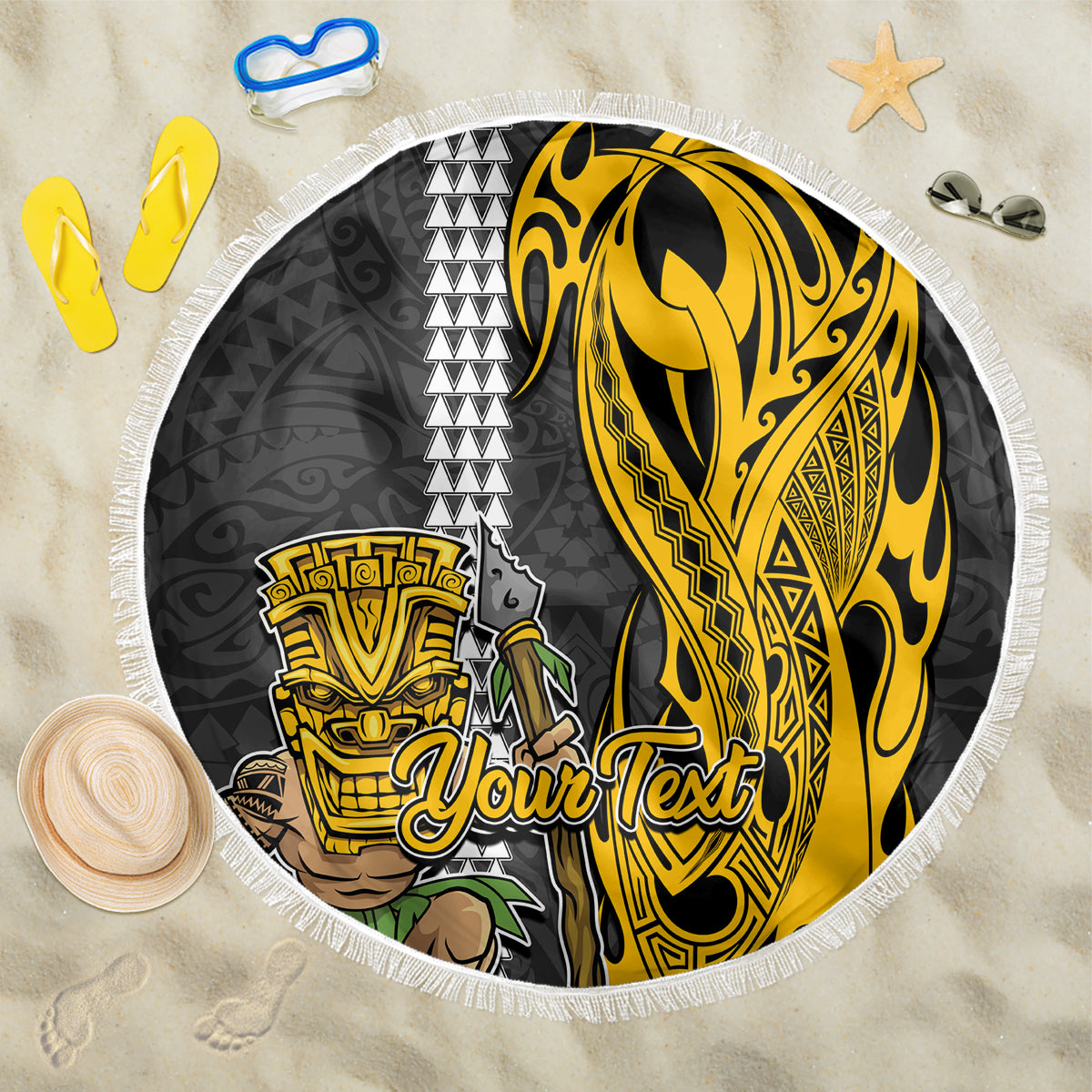 Custom Hawaii Molokai Island Beach Blanket Hawaiian Warrior and Kakau Symbols Abstract Tattoo LT03 One Size 150cm Yellow - Wonder Print Shop