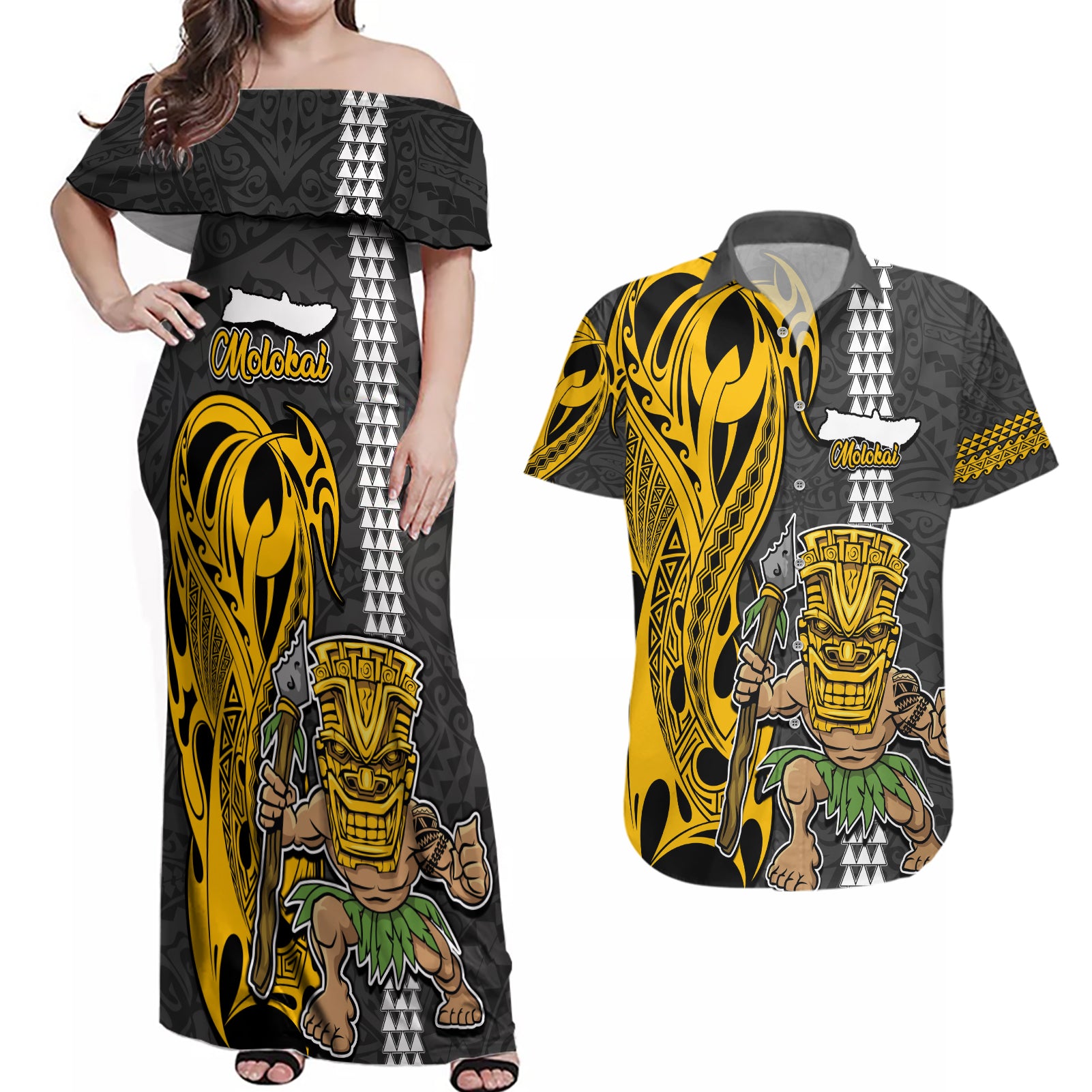 Custom Hawaii Molokai Island Couples Matching Off Shoulder Maxi Dress and Hawaiian Shirt Hawaiian Warrior and Kakau Symbols Abstract Tattoo LT03 Yellow - Polynesian Pride