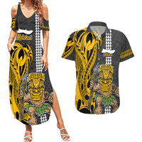 Custom Hawaii Molokai Island Couples Matching Summer Maxi Dress and Hawaiian Shirt Hawaiian Warrior and Kakau Symbols Abstract Tattoo LT03 Yellow - Polynesian Pride