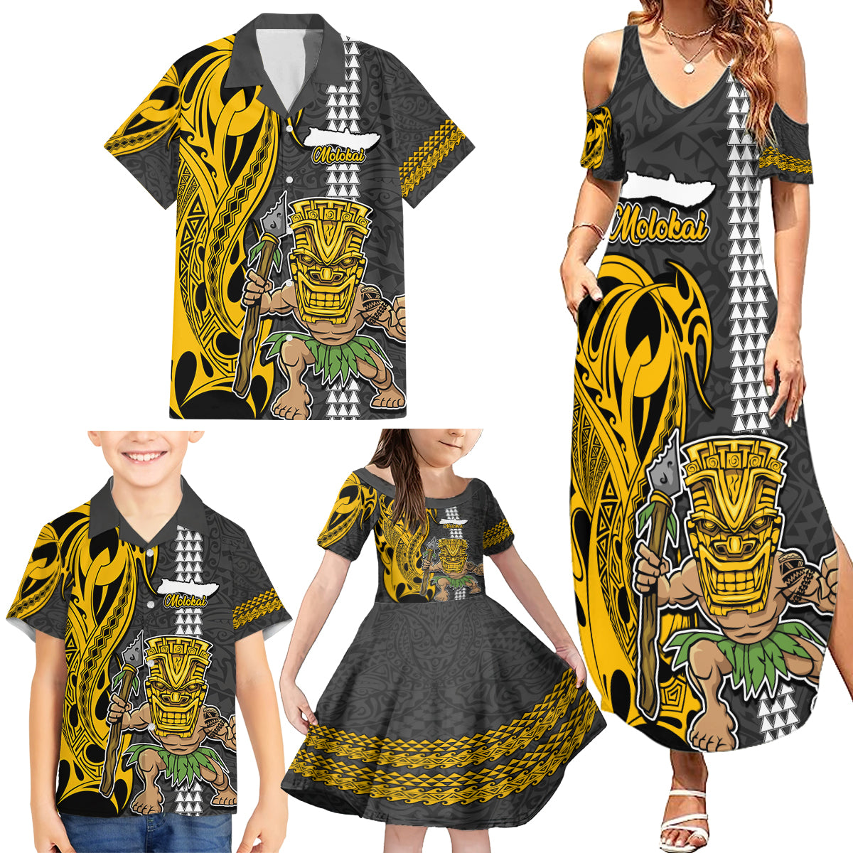 Custom Hawaii Molokai Island Family Matching Summer Maxi Dress and Hawaiian Shirt Hawaiian Warrior and Kakau Symbols Abstract Tattoo LT03 - Polynesian Pride