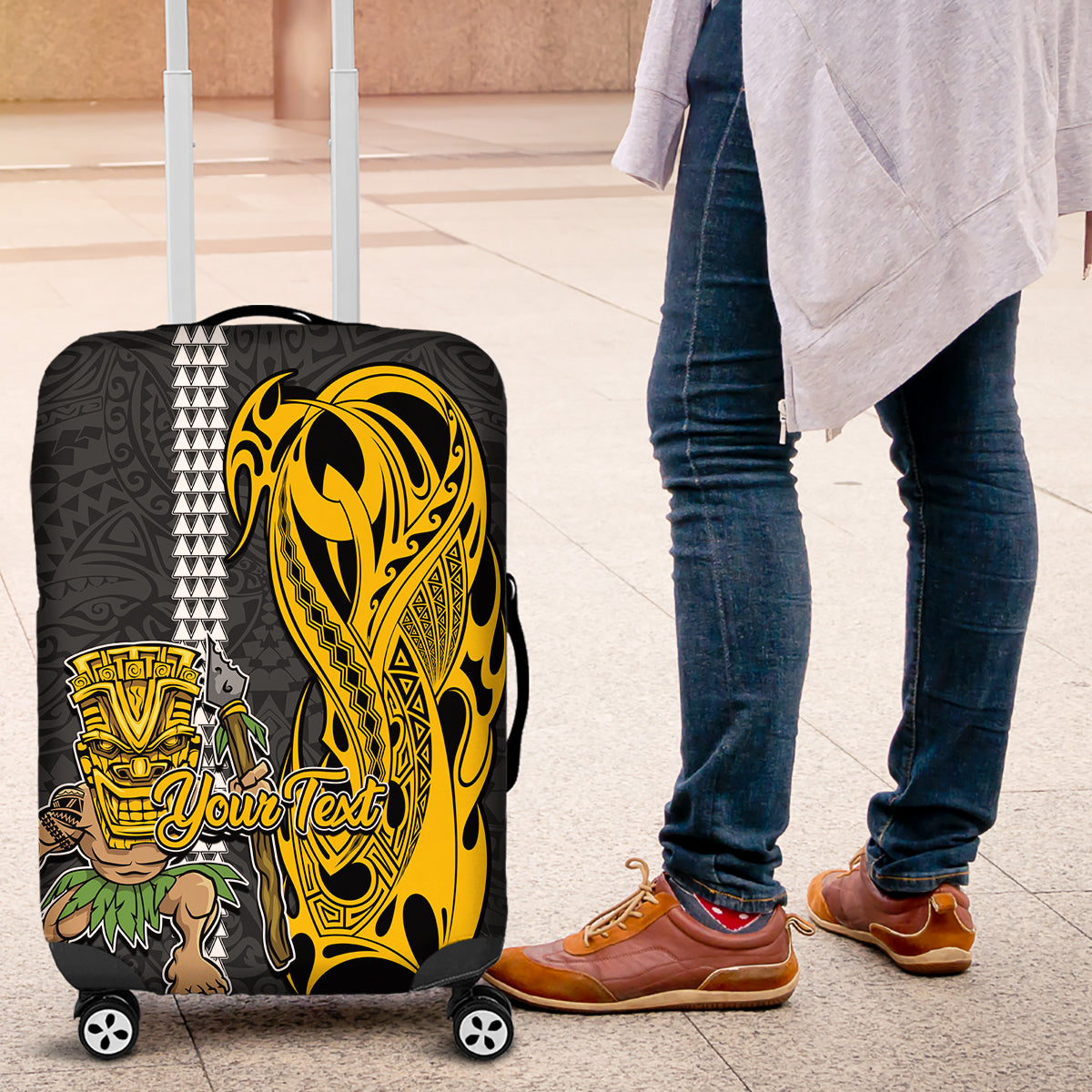 Custom Hawaii Molokai Island Luggage Cover Hawaiian Warrior and Kakau Symbols Abstract Tattoo LT03 Yellow - Polynesian Pride