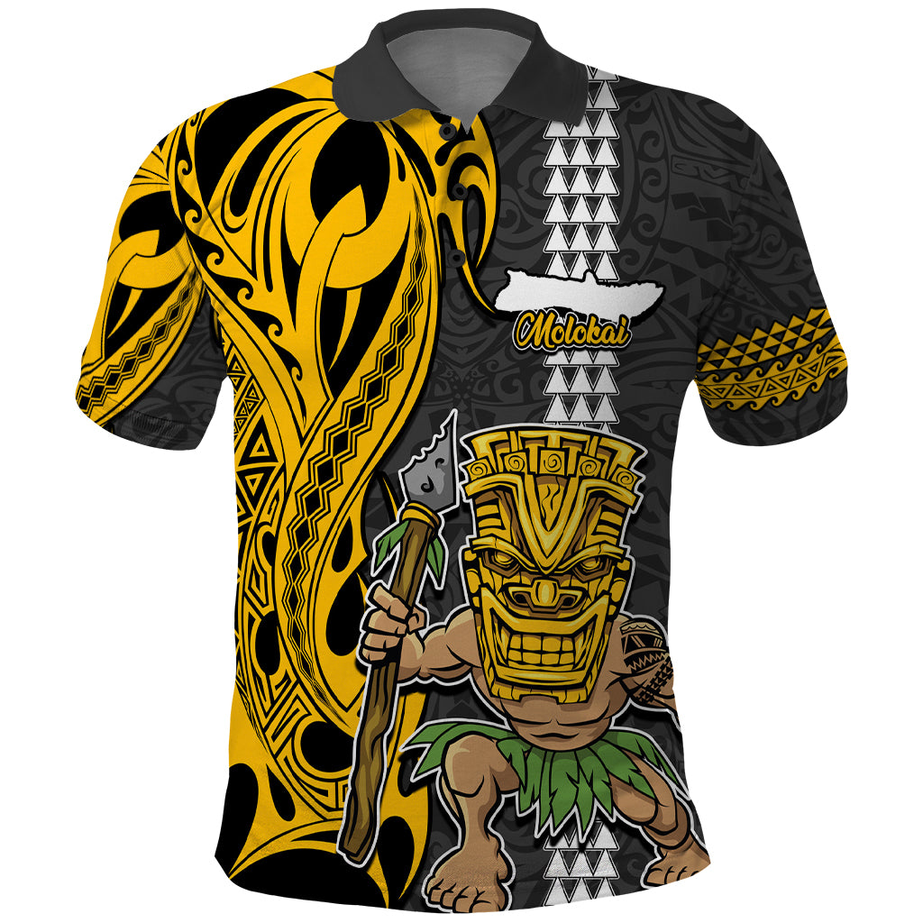 Custom Hawaii Molokai Island Polo Shirt Hawaiian Warrior and Kakau Symbols Abstract Tattoo LT03 Yellow - Polynesian Pride