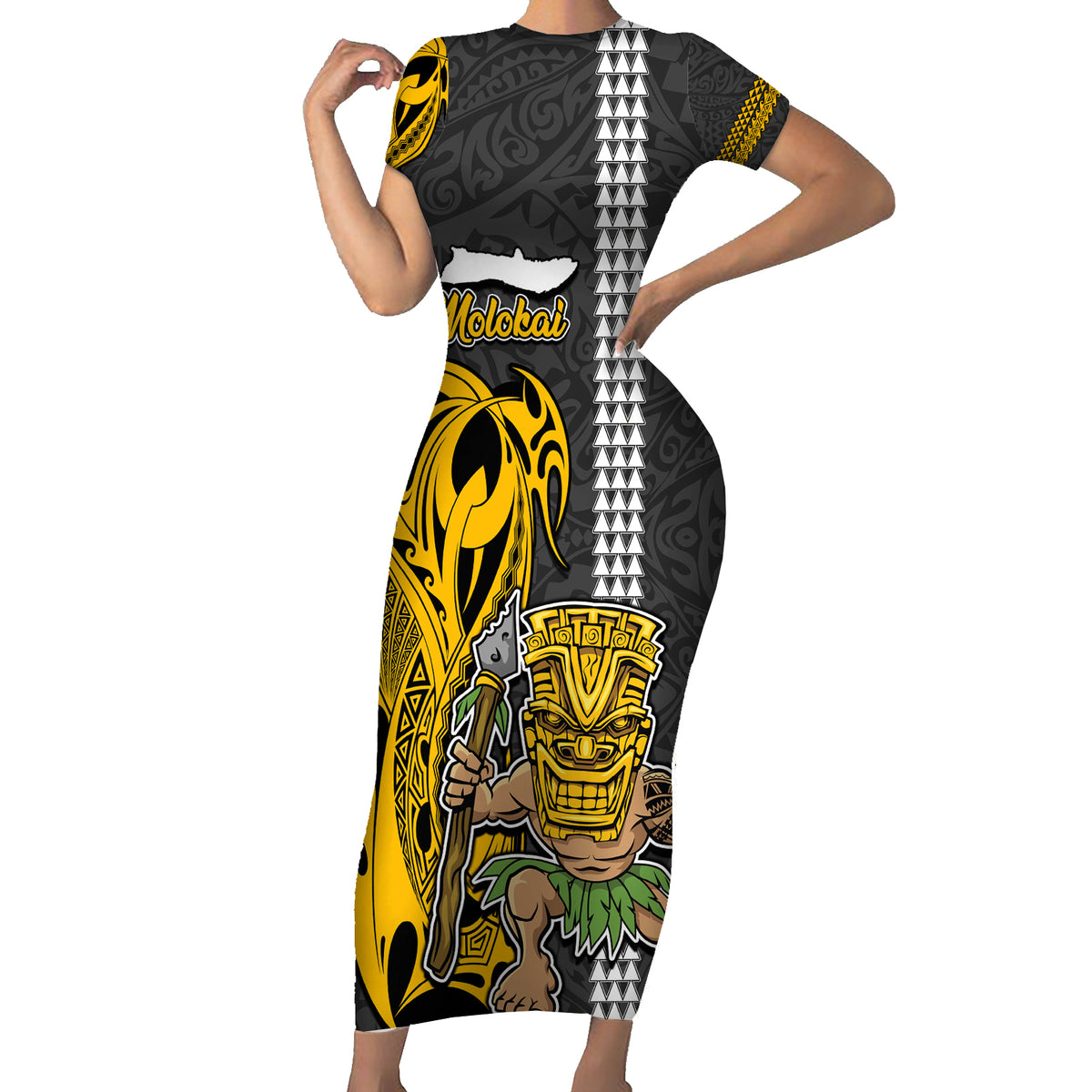 Custom Hawaii Molokai Island Short Sleeve Bodycon Dress Hawaiian Warrior and Kakau Symbols Abstract Tattoo LT03 Long Dress Yellow - Polynesian Pride