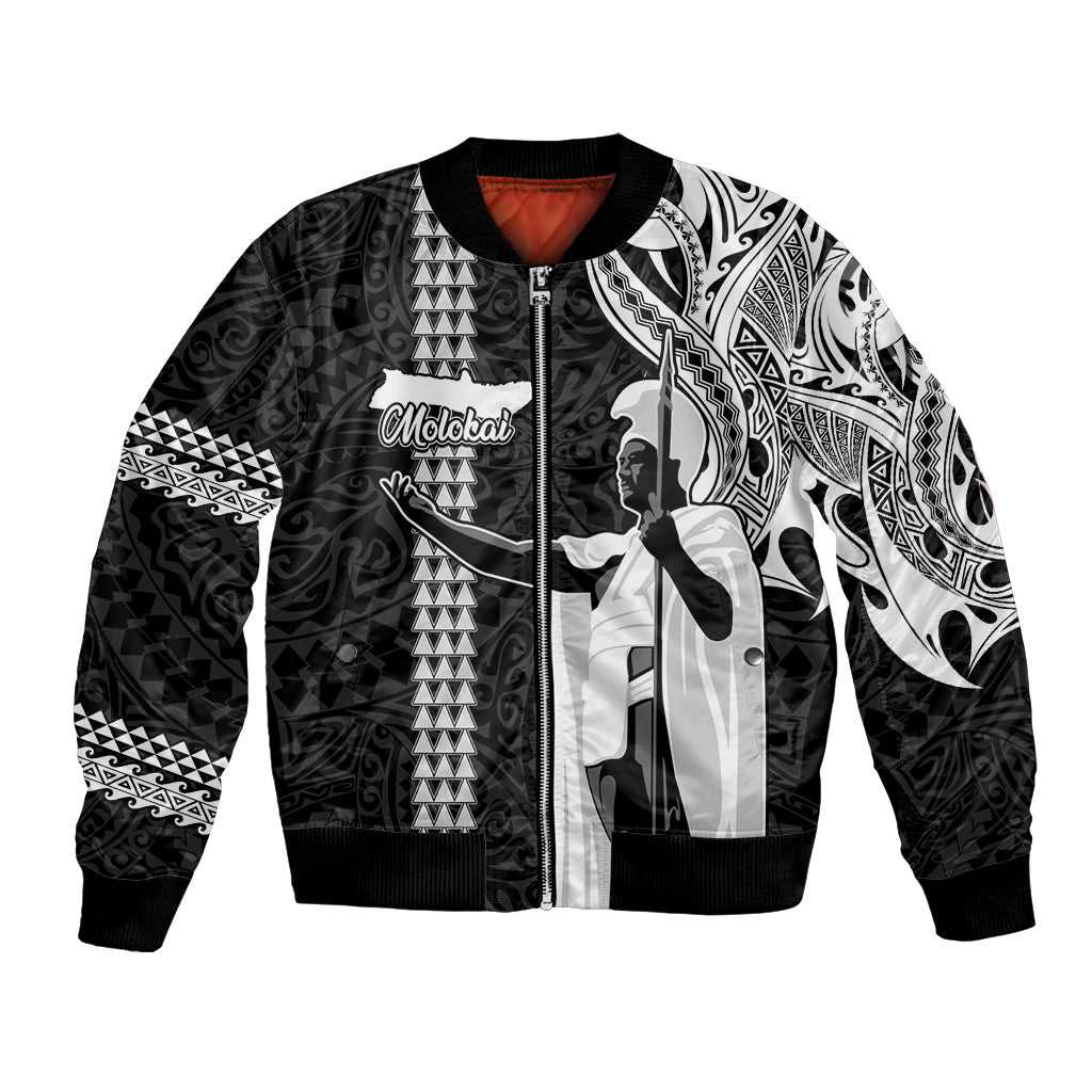 Hawaii Molokai Island Bomber Jacket Hawaiian King and Kakau Symbols Abstract Shoulder Tattoo LT03 Unisex Black - Polynesian Pride