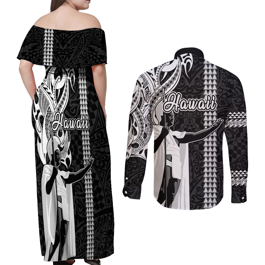 Hawaii Molokai Island Couples Matching Off Shoulder Maxi Dress and Long Sleeve Button Shirts Hawaiian King and Kakau Symbols Abstract Shoulder Tattoo LT03 - Polynesian Pride