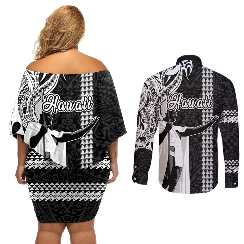 Hawaii Molokai Island Couples Matching Off Shoulder Short Dress and Long Sleeve Button Shirts Hawaiian King and Kakau Symbols Abstract Shoulder Tattoo LT03 - Polynesian Pride