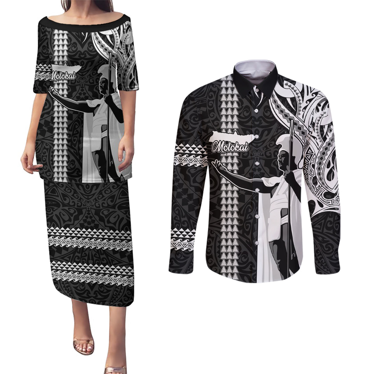 Hawaii Molokai Island Couples Matching Puletasi Dress and Long Sleeve Button Shirts Hawaiian King and Kakau Symbols Abstract Shoulder Tattoo LT03 Black - Polynesian Pride