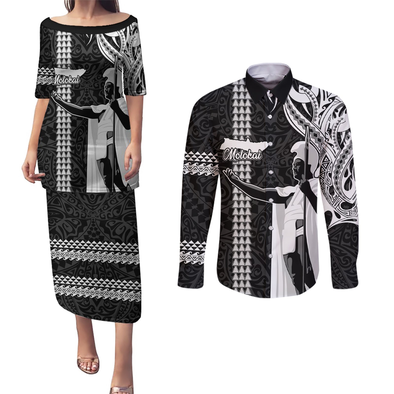 Hawaii Molokai Island Couples Matching Puletasi Dress and Long Sleeve Button Shirts Hawaiian King and Kakau Symbols Abstract Shoulder Tattoo LT03 Black - Polynesian Pride