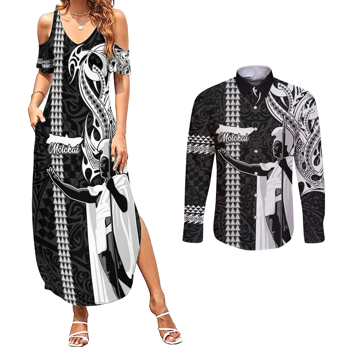 Hawaii Molokai Island Couples Matching Summer Maxi Dress and Long Sleeve Button Shirts Hawaiian King and Kakau Symbols Abstract Shoulder Tattoo LT03 Black - Polynesian Pride