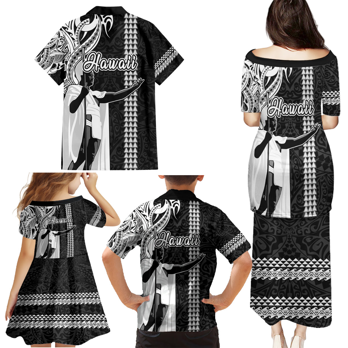 Hawaii Molokai Island Family Matching Puletasi Dress and Hawaiian Shirt Hawaiian King and Kakau Symbols Abstract Shoulder Tattoo LT03 - Polynesian Pride