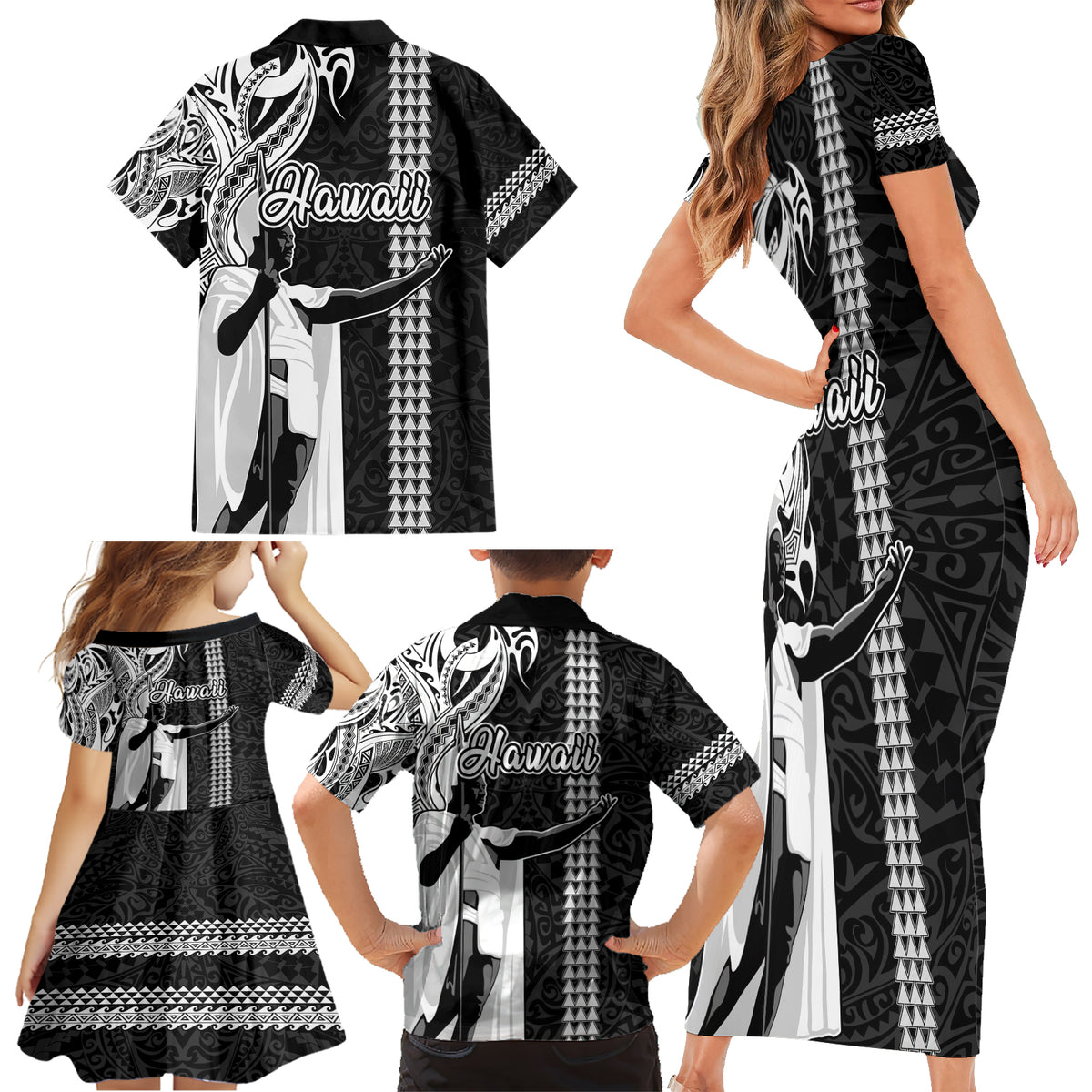 Hawaii Molokai Island Family Matching Short Sleeve Bodycon Dress and Hawaiian Shirt Hawaiian King and Kakau Symbols Abstract Shoulder Tattoo LT03 - Polynesian Pride