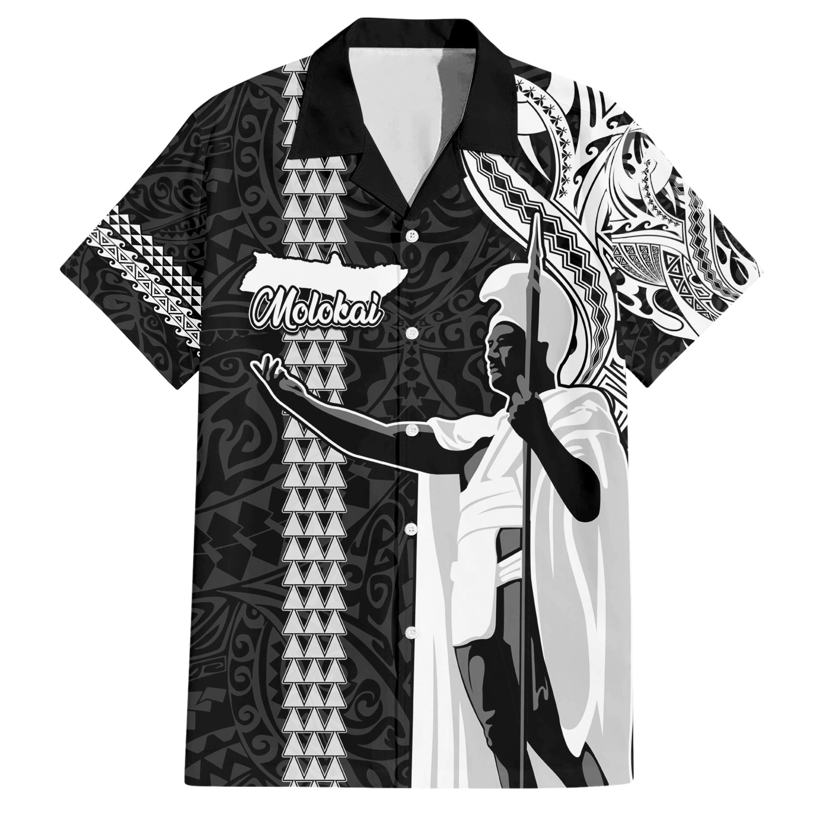 Hawaii Molokai Island Hawaiian Shirt Hawaiian King and Kakau Symbols Abstract Shoulder Tattoo LT03 Black - Polynesian Pride