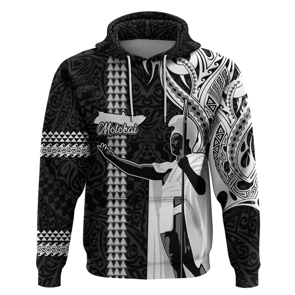 Hawaii Molokai Island Hoodie Hawaiian King and Kakau Symbols Abstract Shoulder Tattoo LT03 Pullover Hoodie Black - Polynesian Pride