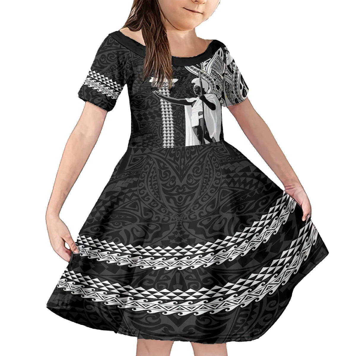 Hawaii Molokai Island Kid Short Sleeve Dress Hawaiian King and Kakau Symbols Abstract Shoulder Tattoo LT03 KID Black - Polynesian Pride