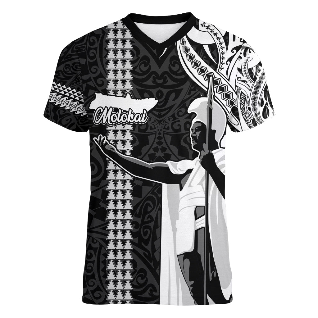 Hawaii Molokai Island Women V Neck T Shirt Hawaiian King and Kakau Symbols Abstract Shoulder Tattoo LT03 Female Black - Polynesian Pride