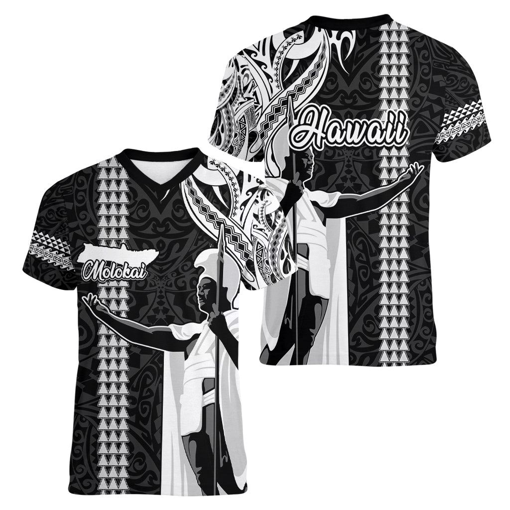 Hawaii Molokai Island Women V Neck T Shirt Hawaiian King and Kakau Symbols Abstract Shoulder Tattoo LT03 - Polynesian Pride