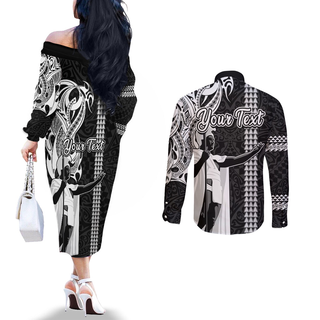Custom Hawaii Molokai Island Couples Matching Off The Shoulder Long Sleeve Dress and Long Sleeve Button Shirts Hawaiian King and Kakau Symbols Abstract Shoulder Tattoo LT03 - Polynesian Pride
