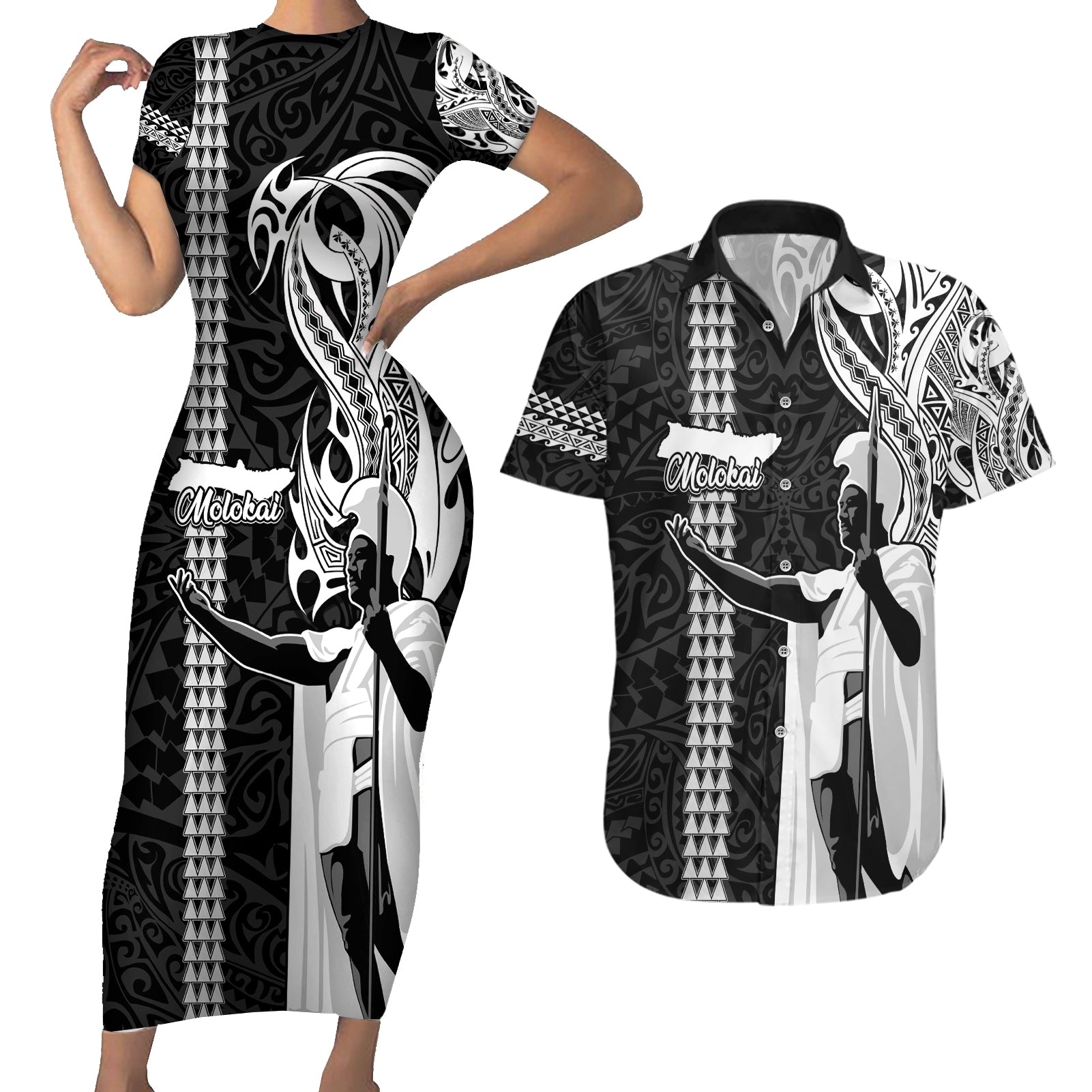 Custom Hawaii Molokai Island Couples Matching Short Sleeve Bodycon Dress and Hawaiian Shirt Hawaiian King and Kakau Symbols Abstract Shoulder Tattoo LT03 Black - Polynesian Pride