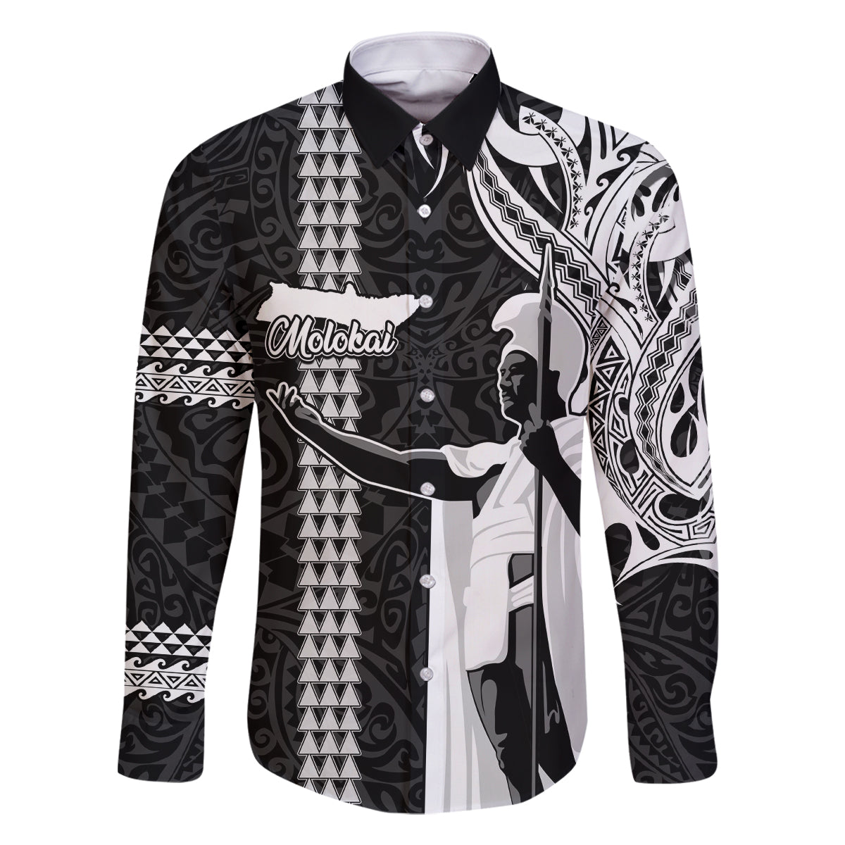Custom Hawaii Molokai Island Family Matching Summer Maxi Dress and Hawaiian Shirt Hawaiian King and Kakau Symbols Abstract Shoulder Tattoo LT03 Dad's Shirt - Long Sleeve Black - Polynesian Pride