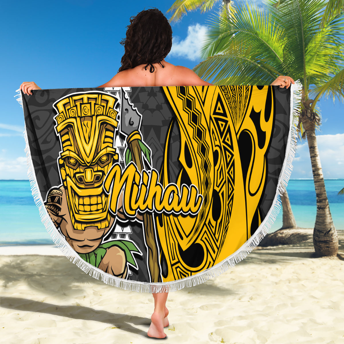 Hawaii Niihau Island Beach Blanket Hawaiian Warrior and Kakau Symbols Abstract Tattoo LT03 - Wonder Print Shop