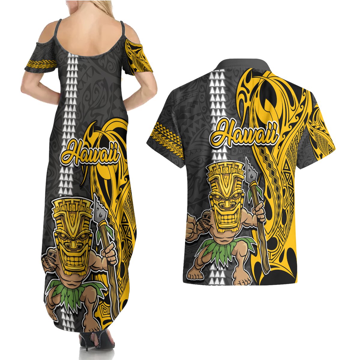Hawaii Niihau Island Couples Matching Summer Maxi Dress and Hawaiian Shirt Hawaiian Warrior and Kakau Symbols Abstract Tattoo LT03 - Polynesian Pride
