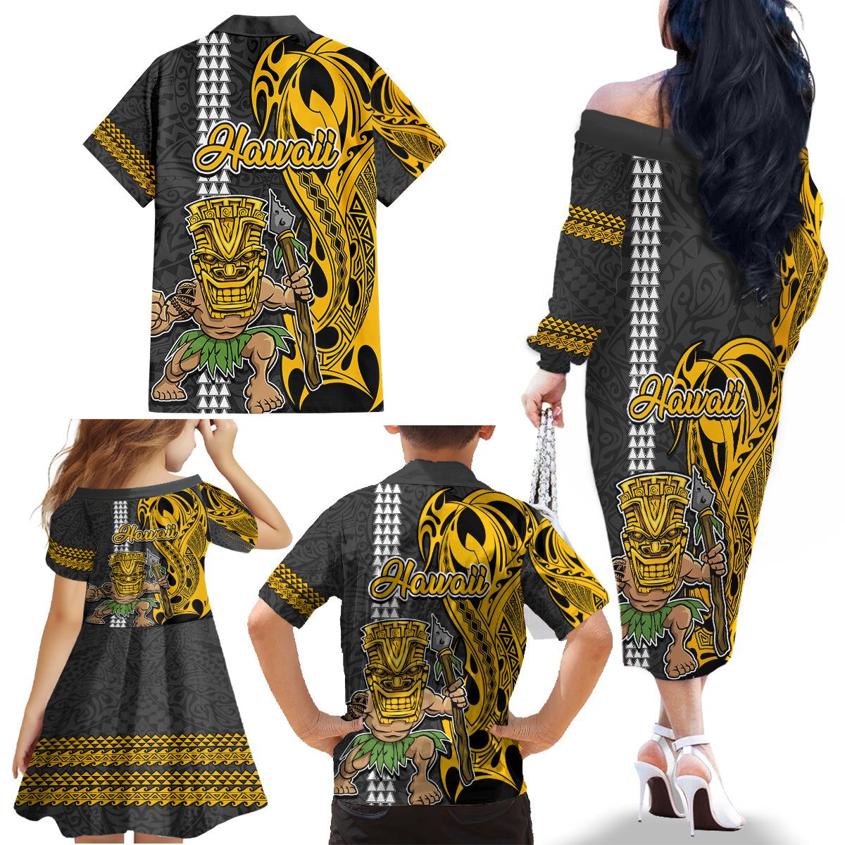 Hawaii Niihau Island Family Matching Off Shoulder Long Sleeve Dress and Hawaiian Shirt Hawaiian Warrior and Kakau Symbols Abstract Tattoo LT03 - Polynesian Pride