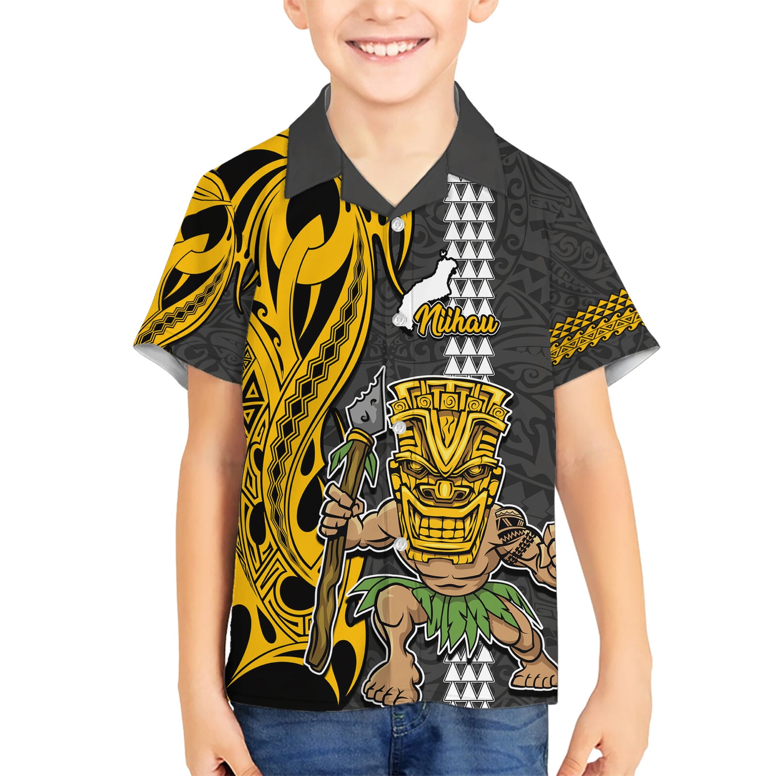 Hawaii Niihau Island Kid Hawaiian Shirt Hawaiian Warrior and Kakau Symbols Abstract Tattoo LT03 Kid Yellow - Polynesian Pride