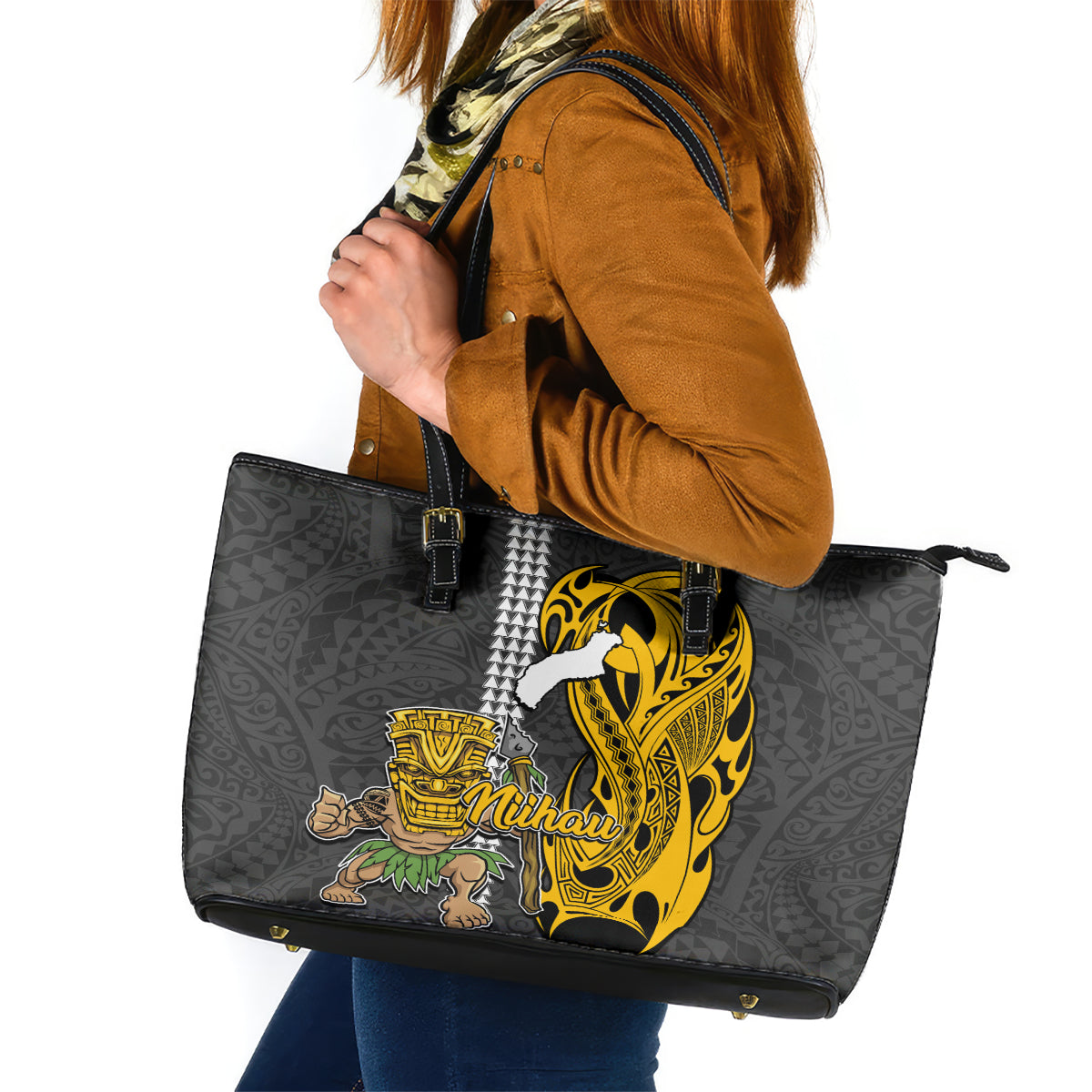 Hawaii Niihau Island Leather Tote Bag Hawaiian Warrior and Kakau Symbols Abstract Tattoo LT03 Yellow - Polynesian Pride