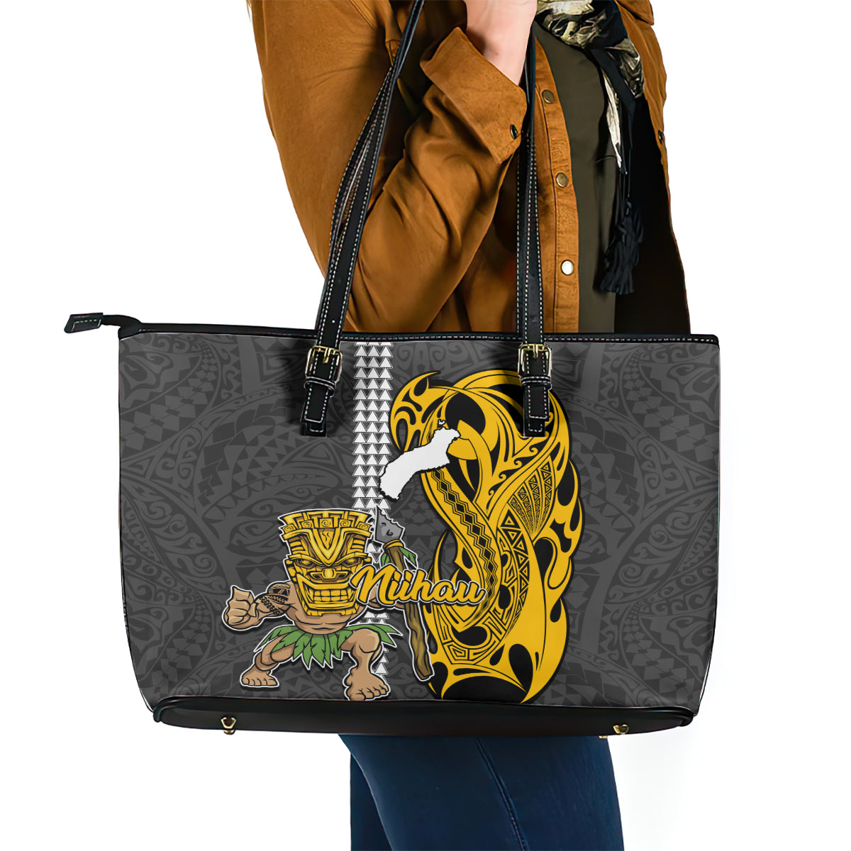 Hawaii Niihau Island Leather Tote Bag Hawaiian Warrior and Kakau Symbols Abstract Tattoo LT03 - Polynesian Pride
