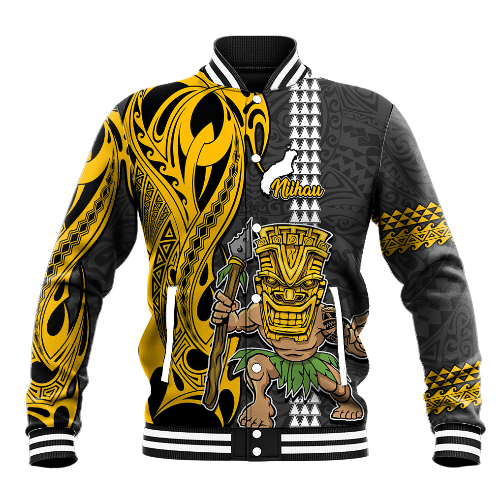 Custom Hawaii Niihau Island Baseball Jacket Hawaiian Warrior and Kakau Symbols Abstract Tattoo LT03 Unisex Yellow - Polynesian Pride