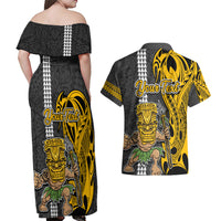 Custom Hawaii Niihau Island Couples Matching Off Shoulder Maxi Dress and Hawaiian Shirt Hawaiian Warrior and Kakau Symbols Abstract Tattoo LT03 - Polynesian Pride
