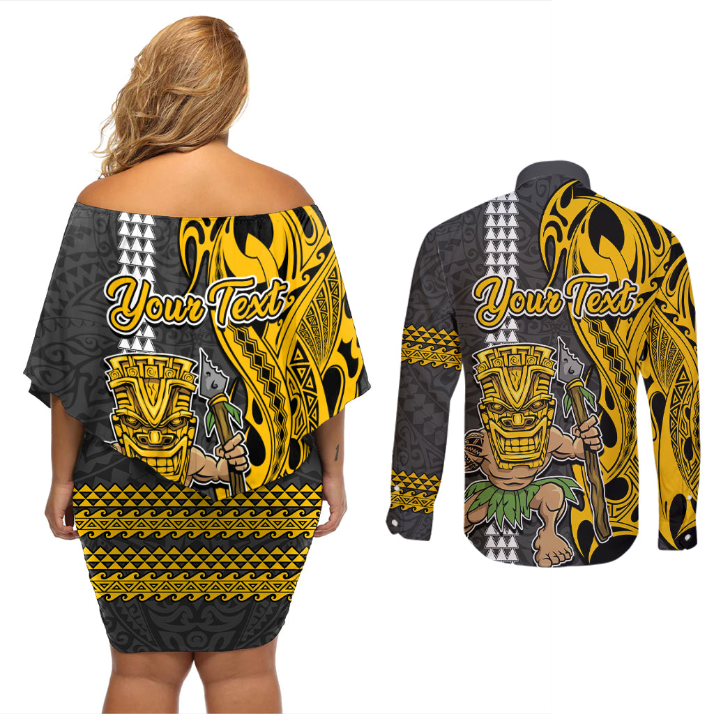 Custom Hawaii Niihau Island Couples Matching Off Shoulder Short Dress and Long Sleeve Button Shirts Hawaiian Warrior and Kakau Symbols Abstract Tattoo LT03 - Polynesian Pride