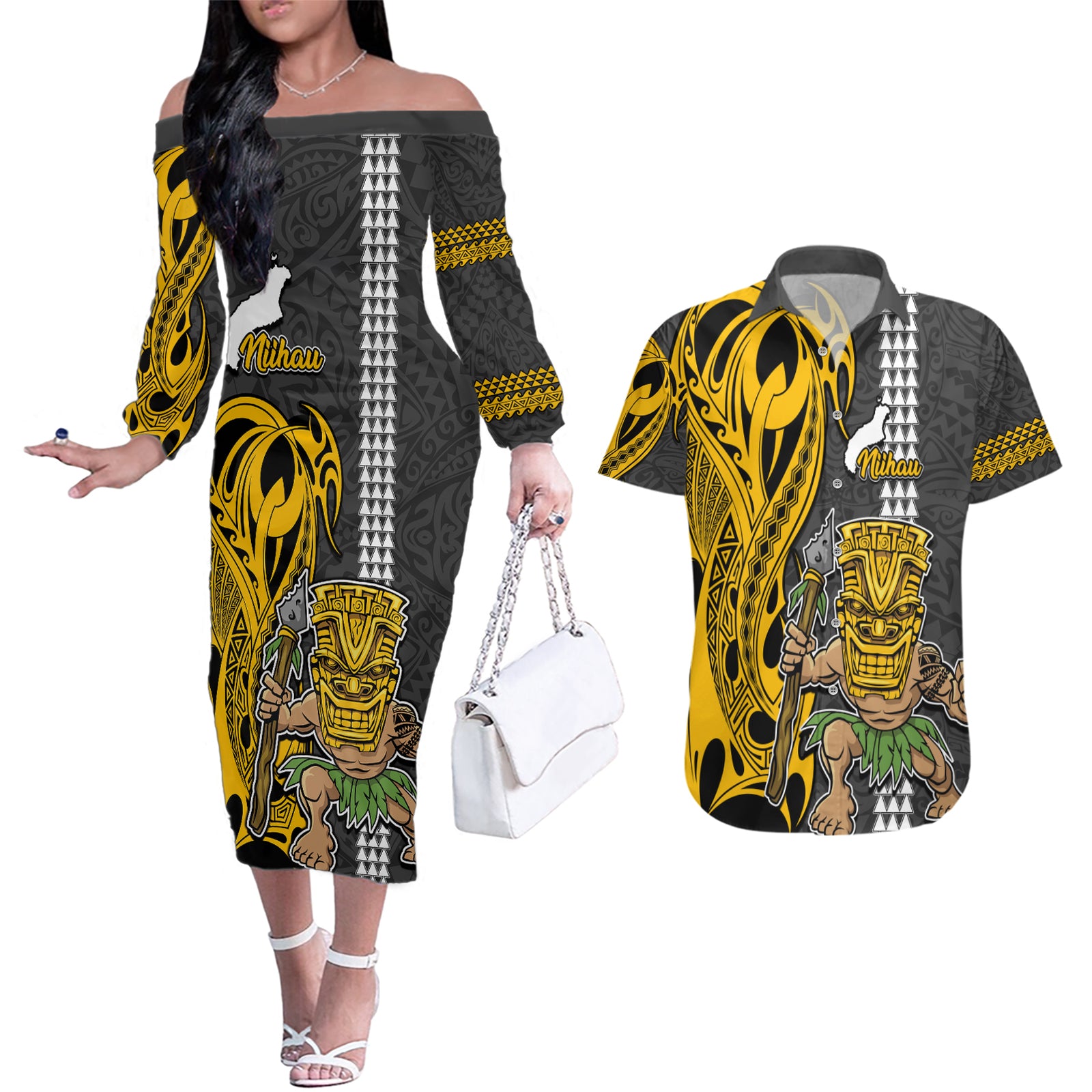 Custom Hawaii Niihau Island Couples Matching Off The Shoulder Long Sleeve Dress and Hawaiian Shirt Hawaiian Warrior and Kakau Symbols Abstract Tattoo LT03 Yellow - Polynesian Pride