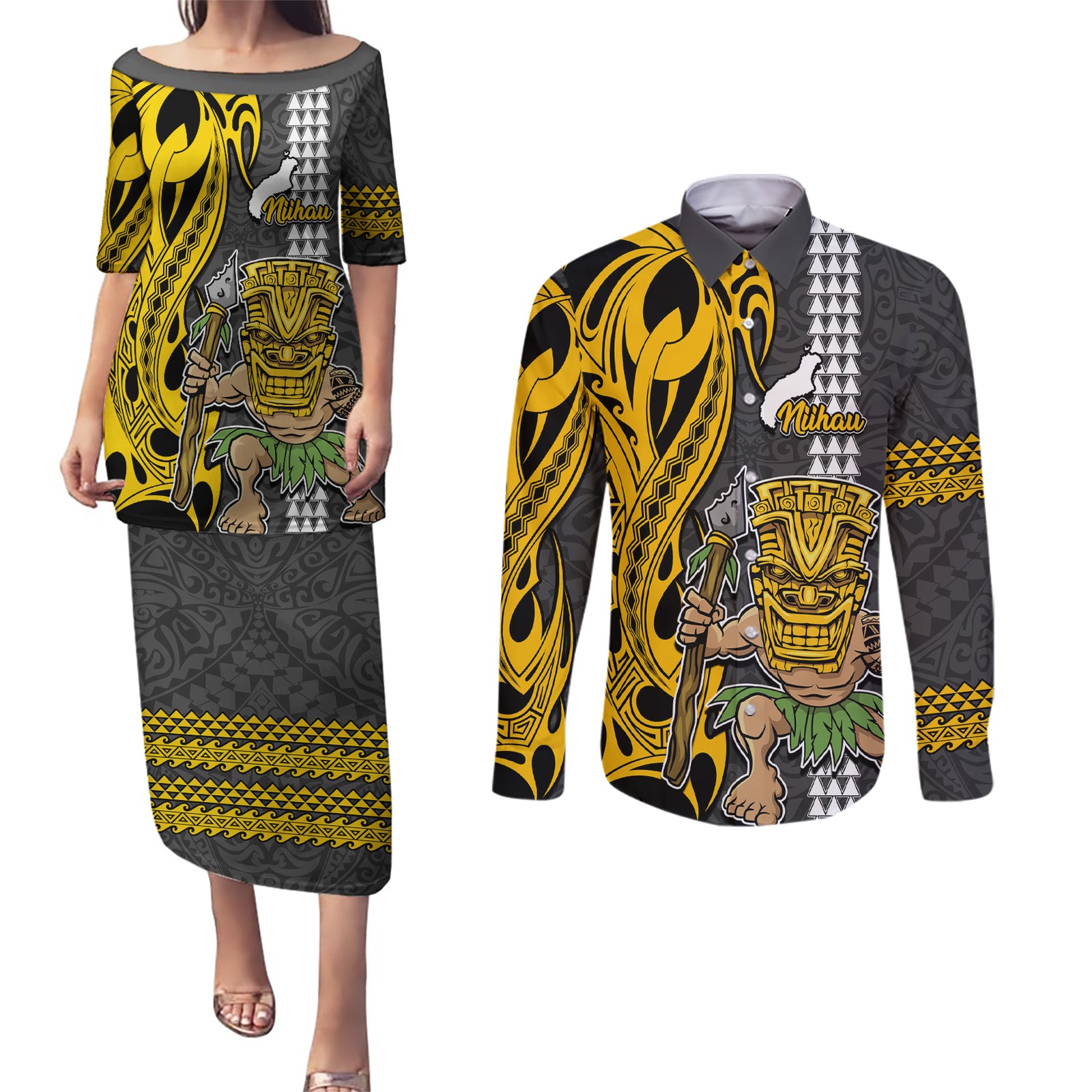Custom Hawaii Niihau Island Couples Matching Puletasi Dress and Long Sleeve Button Shirts Hawaiian Warrior and Kakau Symbols Abstract Tattoo LT03 Yellow - Polynesian Pride