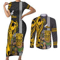 Custom Hawaii Niihau Island Couples Matching Short Sleeve Bodycon Dress and Long Sleeve Button Shirts Hawaiian Warrior and Kakau Symbols Abstract Tattoo LT03 Yellow - Polynesian Pride