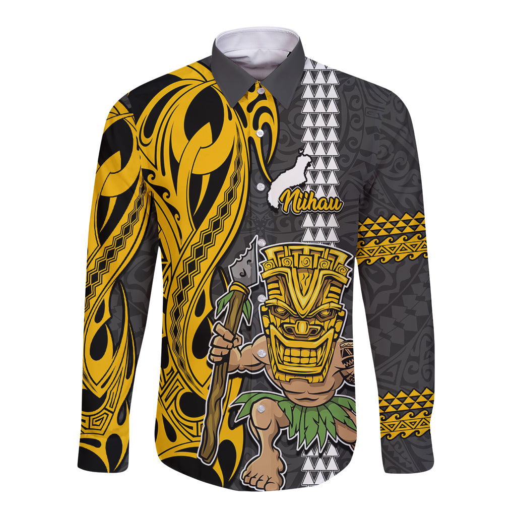 Custom Hawaii Niihau Island Long Sleeve Button Shirt Hawaiian Warrior and Kakau Symbols Abstract Tattoo LT03 Unisex Yellow - Polynesian Pride