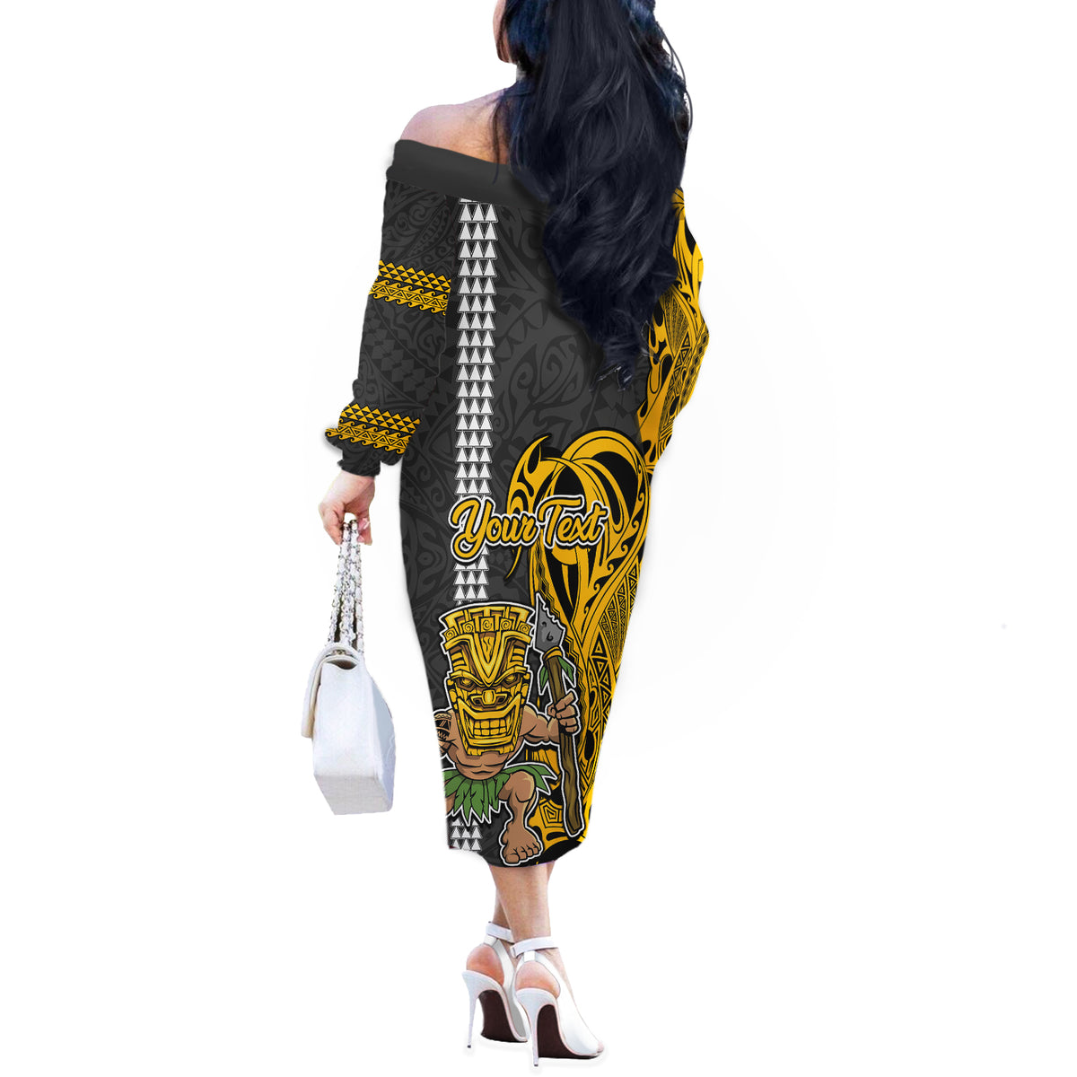 Custom Hawaii Niihau Island Off The Shoulder Long Sleeve Dress Hawaiian Warrior and Kakau Symbols Abstract Tattoo LT03 - Polynesian Pride