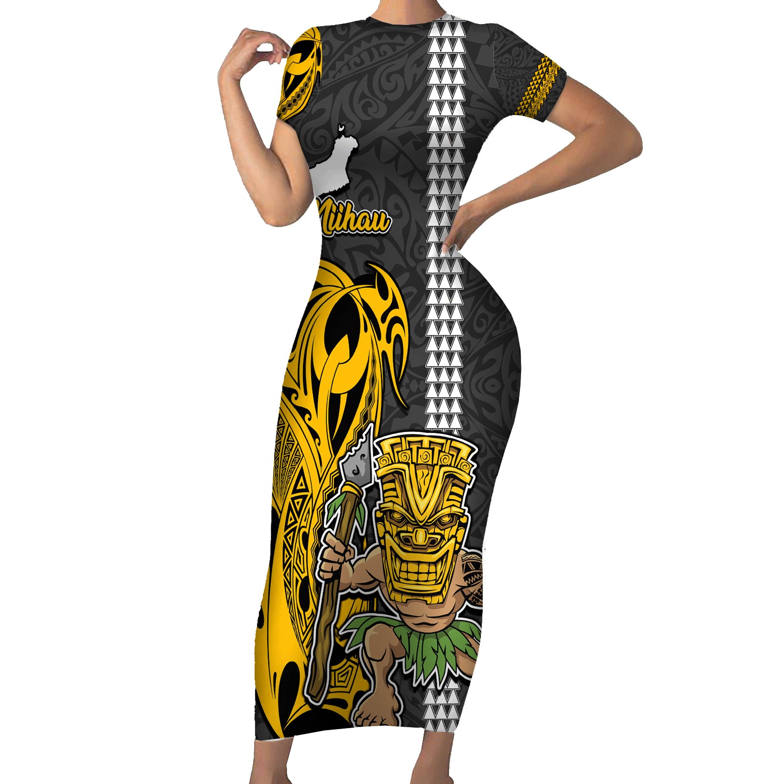 Custom Hawaii Niihau Island Short Sleeve Bodycon Dress Hawaiian Warrior and Kakau Symbols Abstract Tattoo LT03 Long Dress Yellow - Polynesian Pride