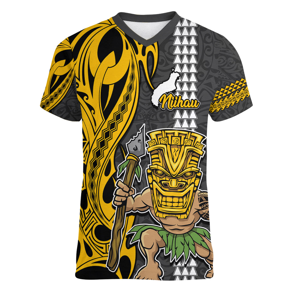 Custom Hawaii Niihau Island Women V Neck T Shirt Hawaiian Warrior and Kakau Symbols Abstract Tattoo LT03 Female Yellow - Polynesian Pride