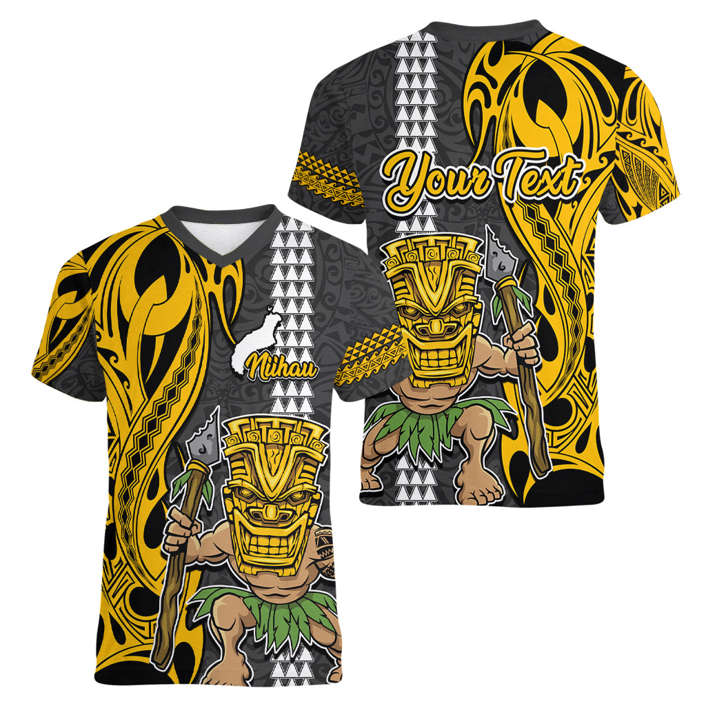 Custom Hawaii Niihau Island Women V Neck T Shirt Hawaiian Warrior and Kakau Symbols Abstract Tattoo LT03 - Polynesian Pride