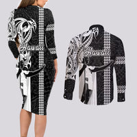 Hawaii Niihau Island Couples Matching Long Sleeve Bodycon Dress and Long Sleeve Button Shirts Hawaiian King and Kakau Symbols Abstract Shoulder Tattoo LT03 - Polynesian Pride