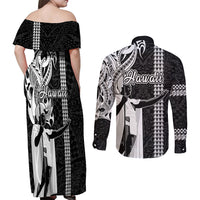 Hawaii Niihau Island Couples Matching Off Shoulder Maxi Dress and Long Sleeve Button Shirts Hawaiian King and Kakau Symbols Abstract Shoulder Tattoo LT03 - Polynesian Pride