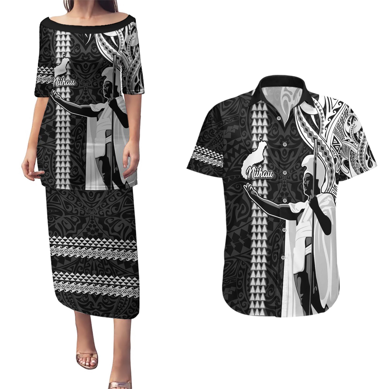 Hawaii Niihau Island Couples Matching Puletasi Dress and Hawaiian Shirt Hawaiian King and Kakau Symbols Abstract Shoulder Tattoo LT03 Black - Polynesian Pride