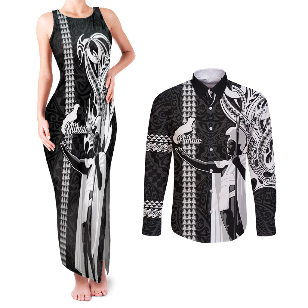 Hawaii Niihau Island Couples Matching Tank Maxi Dress and Long Sleeve Button Shirts Hawaiian King and Kakau Symbols Abstract Shoulder Tattoo LT03 Black - Polynesian Pride