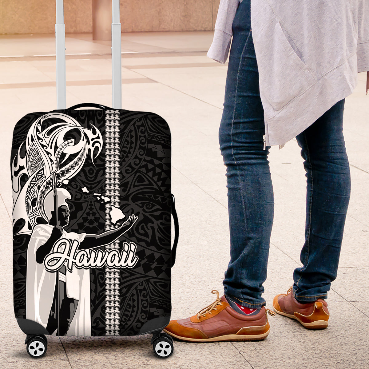 Hawaii Niihau Island Luggage Cover Hawaiian King and Kakau Symbols Abstract Shoulder Tattoo LT03 Black - Polynesian Pride