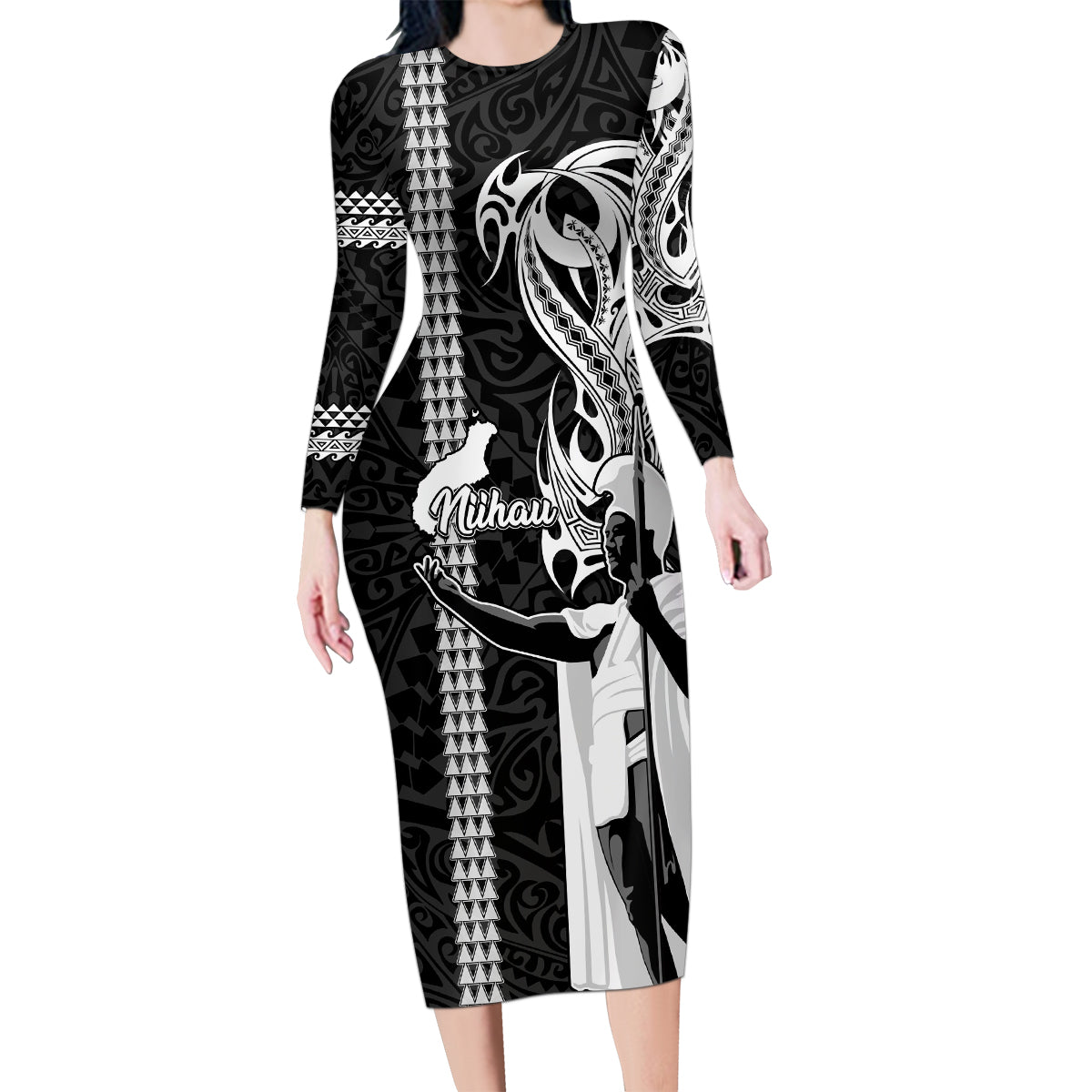 Custom Hawaii Niihau Island Family Matching Long Sleeve Bodycon Dress and Hawaiian Shirt Hawaiian King and Kakau Symbols Abstract Shoulder Tattoo LT03 Mom's Dress Black - Polynesian Pride